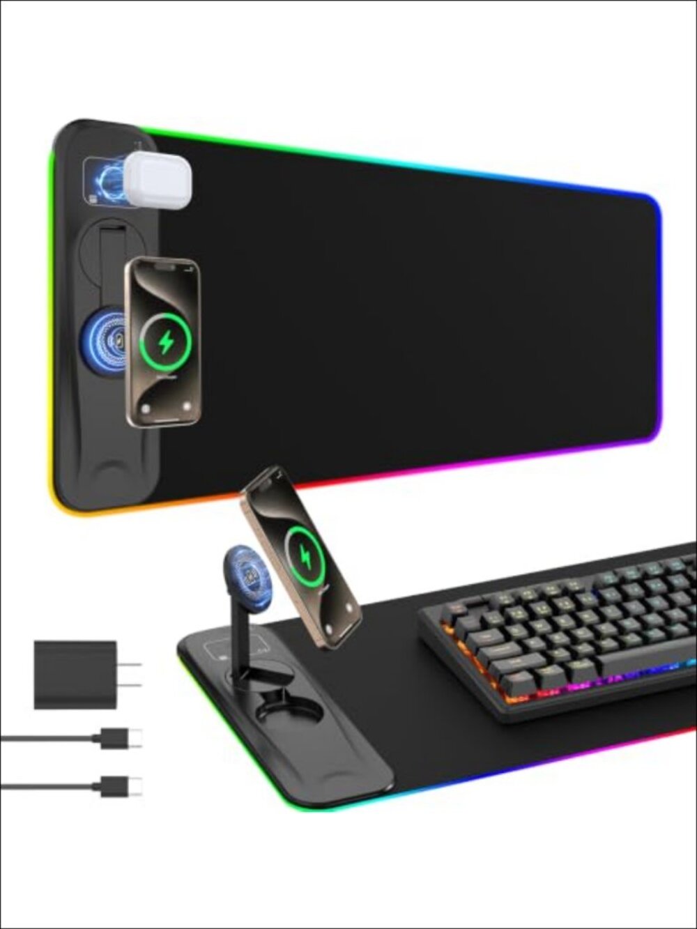 RGB Gaming Mouse Pad Wireless Charging Magnetic Phone Stand XXL Desk Mat